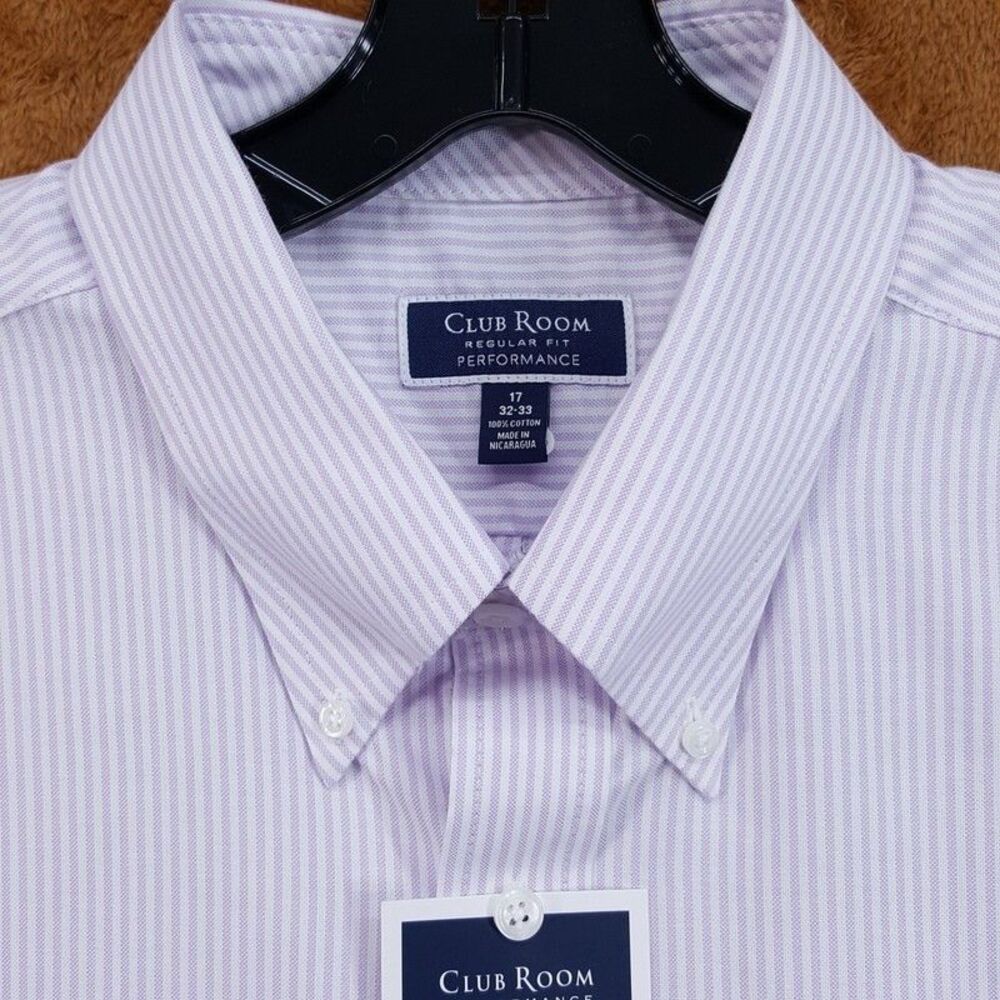CLUB ROOM Dress Shirt Mens Size 17 32 33 Purple White Stripe Pocket Regular Fit
